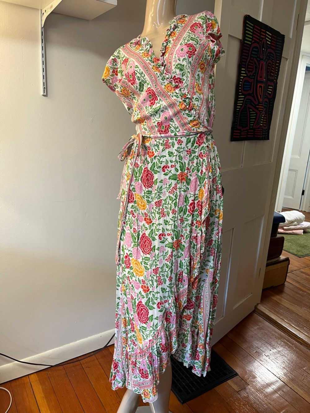 Floral Wrap Midi Dress - White with Pink, Red, & Yellow Roses